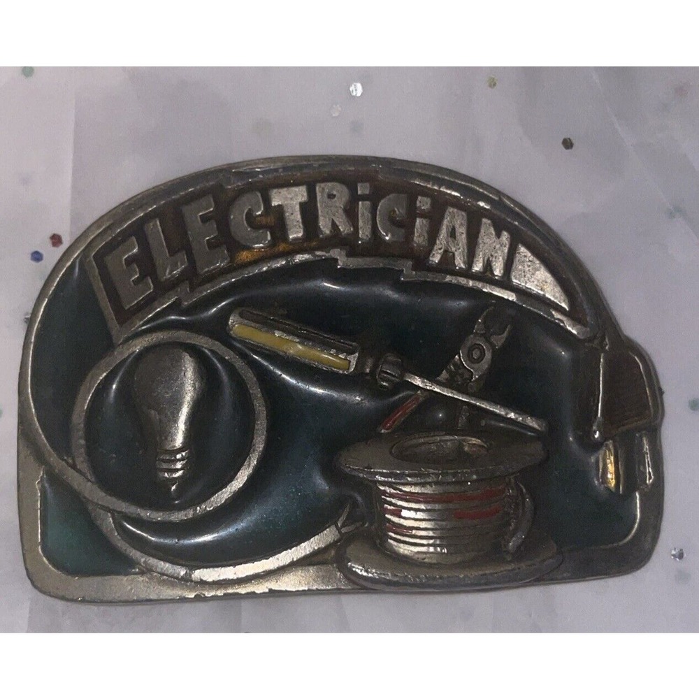 VINTAGE Electrician Metal Belt Buckle 2 1/2" X 3 1/2"